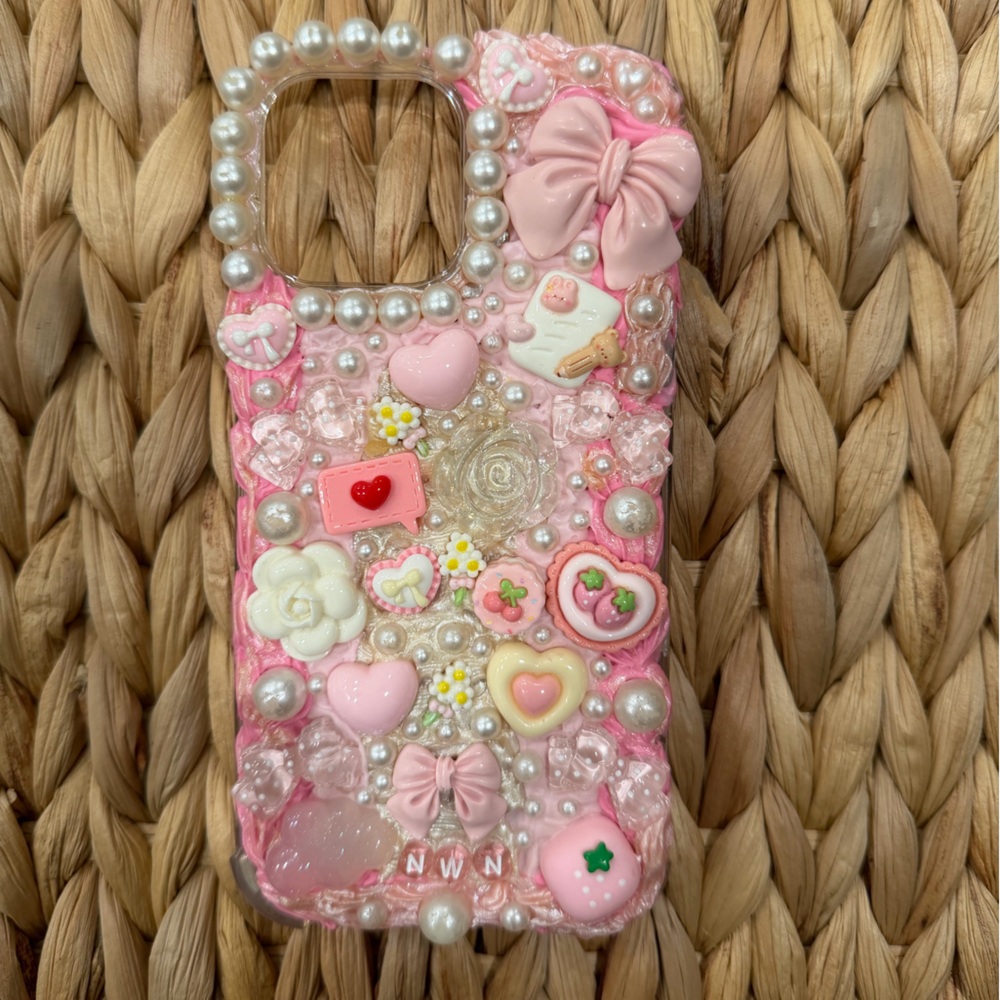 Pink Decorative Phone Case with Pearls and Charms